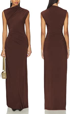 Asymmetrical high-neck ruched bodycon maxi dress