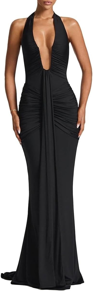 GRMLRPT deep V-neck halter maxi dress in black