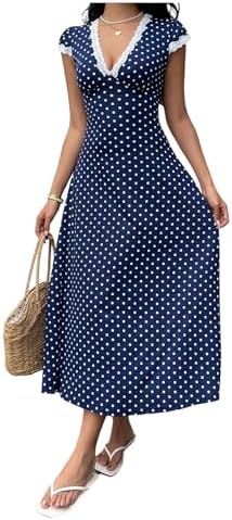 Milumia women's polka dots lace trim deep V-neck dress