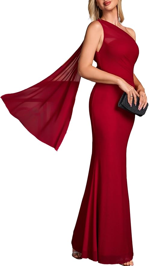 One-shoulder formal wedding guest fall long dress